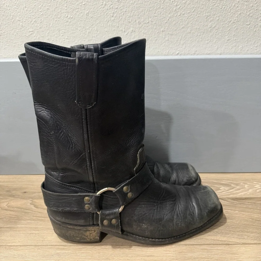 Vtg Black Leather Harness Boots Engineer Square Toe USA Western Sz 10.5 Mens